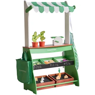 Teamson Kids Vermont Marktstand Spielset – Holz-Kaufladen mit Gemüse, Waage, Zubehör & Tafel – Rollenspiel für Kinder mit 25 Teilen