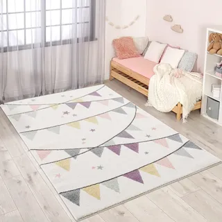 Carpet City Kinderteppich Kinderzimmer Creme Lila - 80x150 cm - Wimpel-Motiv - Kinderzimmerteppiche Mädchen - Babyzimmer-Teppich - Spielteppich,