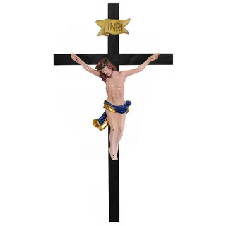 Kaltner Präsente Geschenkidee: 35 cm Wandkreuz Kruzifix aus Holz Buche Schwarz gebeizt - Handgemalte Jesus Christus Figur aus hochwertigen Kunstguss aus Resin – Dekoration