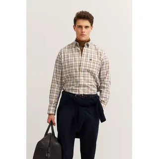 Langarmhemd BUGATTI "Modern Fit", Herren, Gr. XL, Normalgrößen, beige (40, beige), 100% Baumwolle, kariert, normal, eckige 2-Knopf-Manschette, Hemden Langarmhemd, kariert mit Brusttasche & Easy-Care