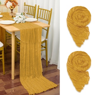 2 Stück Seihtuch Tischläufer Senfgelb,90 x 300cm Gelb Käsetuch Tischläufer Rustikaler Gaze Stoff Boho Cheesecloth Hochzeit Tischläufer für Hochzeitsfeier Brautparty Tischdekoration