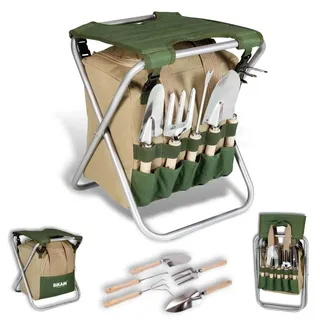 BIKAIN Klappbarer Gartenhocker – Werkzeugset – Aufbewahrungstasche mit Reißverschluss – inkl. 5 Werkzeuge mit Holzgriff, Braun