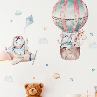 Wandsticker Kinder Dekoration Babyzimmer Wandtattoo Kinderzimmer Wandaufkleber Heißluftballon und Tiere Piloten Line H90 x 60 cm