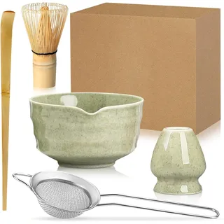 Duscdesp 5 Stück Matcha Set, Bambus Besen, Keramik Schale mit Ausgießer, Whisk, Schaufel, Sieb, Ohne Pulver, Ceremonial Matcha Starter Set
