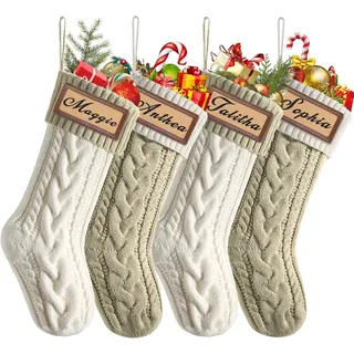 Weldomcor 4 Stück Weihnachtsstrumpf, 46cm Große Kabel Gestrickt Weihnachtssocken Deko mit Namen Nikolausstrumpf zum Befüllen & Aufhängen für Kamin, Weihnachtsbaum, Schaufenster (Khaki, Weiß)