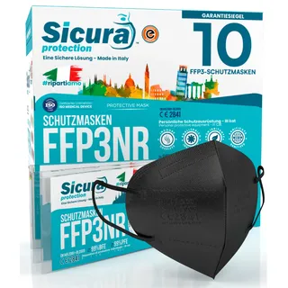 10x CE-zertifizierte FFP3-Masken Schwarz Made in Italy mit aufgedrucktem SICURA-Logo PFE ≥99% | BFE ≥99% SANIFIZIERT und einzeln versiegelt