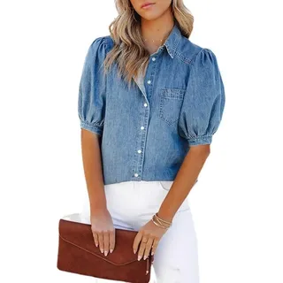 OXFUZZ Damen Elegant Bluse, Hellblaue Waschung Verblasst V-Ausschnitt Shirts Tops Süße Lockere Puffärmel Button-Down-Blusen Elegante Tunika-Tops M