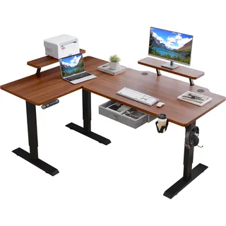 Hilodesk L-Schreibtisch Elektrisch Höhenverstellbar Eckschreibtisch L Förmiger Bürotische Stehpult mit Monitorständer und Schublade 160cm Retro-Holz - Braun