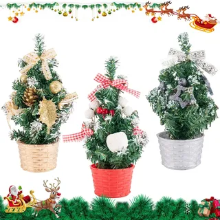 TIANHOO Künstlicher Mini Weihnachtsbaum, 3 Pack 20cm Mini Weihnachtsbaum Deko, Tisch Mini Weihnachtsbaum mit Ornamenten, Kugeln, Schleife für Weihnachtsdekoration