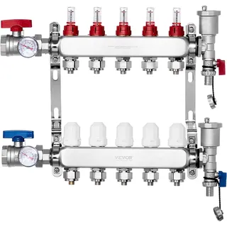 Vevor 5-Heizkreise Heizkreisverteiler Edelstahl 1/2-Zoll-Adapter 5 L/min Durchfluss für Fußbodenheizung