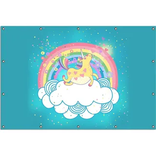 Wallario Outdoor-Poster für Garten oder Balkon, Motiv Lustiges Einhorn auf einer Wolke vor Regenbogen, in ca. 120 x 180 cm - Türkis