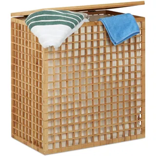 Relaxdays Wäschesammler 2 Fächer, eckige Wäschetruhe mit Wäschesack, 96 L, natur