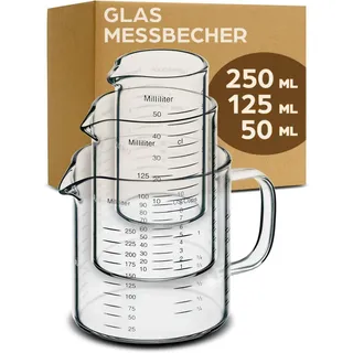 Glas Messbecher Set mit Ausguss - 50ml, 125ml, 250ml Präzise Skala - Stapelbar - Hitzebeständig & Mikrowellengeeignet