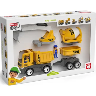 Multigo Baustellen LKW-Set 4in1 m. Anhänger Figur Betonmischer Kipper Bagger +3J