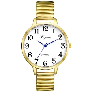 Silverora Damenuhr Elastisch Uhr Damen- Großes Zifferblatt Analoge Quarz Uhren mit Elastische Armband Klare Leicht lesbare Armbanduhr mit Arabische Zahlenskala Geschenke für Frauen Ältere Gold