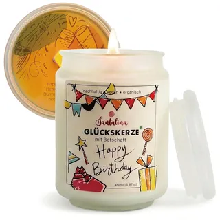 Geburtstagsgeschenk mit Versteckter Botschaft – Geburtstagskerze im Glas (Unparfümiert), XXL 450g Sojawachs mit Holzdocht, Überraschungsgeschenk für Frauen & Männer | Santalina Glückskerze