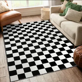 Seavish 1,2 x 1,8 m schwarz-weiß karierter Flächenteppich, Baumwolle, gewebt, marokkanischer Schachbrettteppich, niedriger Flor, waschbar, Wohnzimmerteppich, faltbar, Bodenabdeckung, Indoor-Teppich