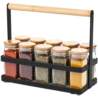 Amig - Gewürzregal - Küchenregal für Arbeitsplatte - Schwarzer Stahl und Bambus - Aufbewahrung von Gewürzdosen - Maße: 21,5 x 9,5 x 18 cm
