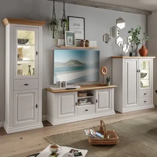 Wohnwand weiß ESBJERG-69 Landhausstil in Kiefer weiß lackiert mit Eiche massiv 4-teilig - Weiß