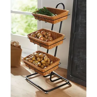 Metall Korbständer inkl. 3 Körbe aus Polyrattan, Verkaufsständer, Korb Etagere, Obstkorb, Gemüsekorb, Ordnungsregal - Braun