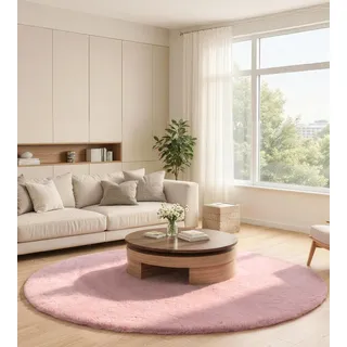 ROHATIM Kunstfell Teppich Rund 90 cm Rosa Kaninchenfell-Optik, hochdicht & ultraweich, Anti-RUTSCH Rückseite, Oeko-TEX, Maschinenwaschbar,