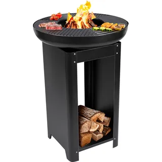 BBQ Collection 3in-1 Feuerschale mit Grillrost - Feuerkorb 61 x 90 cm - Outdoor Küche mit Teppanyaki und BBQ Grillplatte - Plancha BBQ mit Holzlagerplatz - Gartenkamin für Außen - Metall