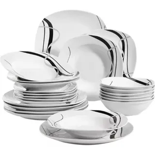 Prestige Montario Salade Kom – 24-teilig – 6 Personen – Weiß/Schwarze Streifen – Tafelservices – Essteller – Tiefe Teller – Frühstücksteller – Servies – Küchenservies – s Design – Tischstil