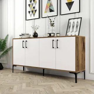 Dmora - Kommode Sestante, Wohnzimmerbuffet, Wohnzimmer-Sideboard, Moderne Küchen-Speisekammer, 160x35h78 cm, Walnuss und Weiß