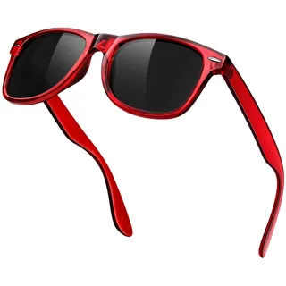 KANASTAL Polarisiert Sonnenbrille Herren Damen Retro Klassische Rectangular Sonnenbrille UV400 Schutz für Fahren Wandern Golf Angeln, Rot Transparent Rahmen Grau Gläser