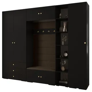 Abiks Möbel Garderoben-Set 236,7/290/47 , Schwarz, Braun, Goldfarben , Metall , Nachbildung , 13 Fächer , 290x236.7x47 cm , Garderobe, Garderoben-Sets & Garderoben-Serien, Garderoben-Sets