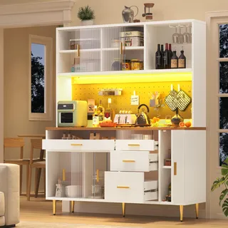 STILVORA Hochschrank mit LED-Beleuchtung und Lochwandregalen, Küchenschrank mit Stauraum, Esszimmerschrank für Wohnzimmer Weiß - Weiß