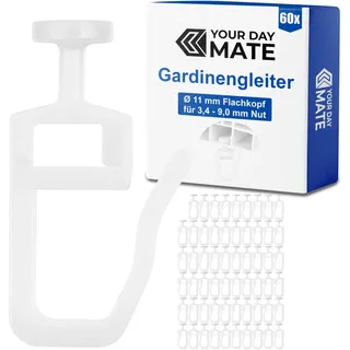 Gardinengleiter für Innenlaufschienen, 60 Stück, mit Ø 11 mm Flachkopf, in Weiß, Faltengleiter für Vorhangschiene, Gardinenschiene, Vorhang Gleiter Kräuselband Haken, Gardine Rollen Schienensystem