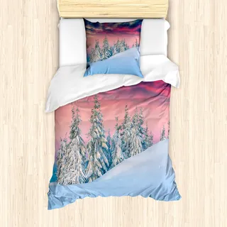 ABAKUHAUS Winter Mantele, Idyllische Szene Gebirge, Milbensicher Allergiker geeignet mit Kissenbezügen, 135 cm x 200 cm - 80 x 80 cm, Rosa-Blau-Creme - Rosa