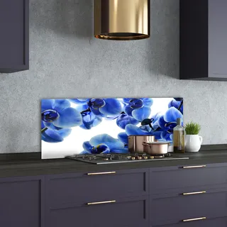 Tulup® Küchenrückwand Spritzschutz aus Glas -125x50 -Spritzschutz auf gehärtetes Glas Deko Blumen Pflanzen Blaue Orchidee