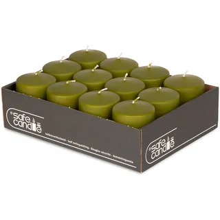 DecoLite Stumpenkerzen 27h Brenndauer, 8 x 6 cm, 12 Stück, Olive | Made in Germany, RAL-geprüft, Safe-Candle-Abbrandstopp, tropffrei, rußfrei, ohne Duft, für Advent, Tafel & Gastronomie
