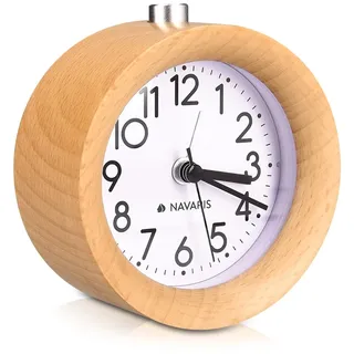 Navaris Analog Holz Wecker mit Snooze - Retro Uhr mit Ziffernblatt Alarm Licht - Leise Vintage Wood Tischuhr ohne Ticken - Naturholz in Hellbraun