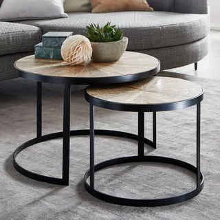 WOHNLING Couchtisch 2er Set Mango Massivholz Satztisch Rund Wohnzimmertisch mit Metallbeine Braun Tischset 2-teilig Satztisch Holz / Metall Schwarz - Braun