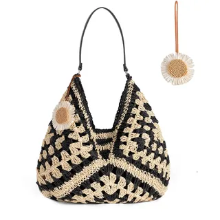 boshiho Stroh Strandtasche klein Damen - Korbtasche Geflochten mit leder, 2025 Boho Basttasche Netz Shopper für Reisen&Urlau