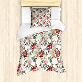 ABAKUHAUS Shabby Flora Mantele, Flieder Rosen Blumen, Milbensicher Allergiker geeignet mit Kissenbezügen, 135 cm x 200 cm - 80 x 80 cm, Pale Pink Cream