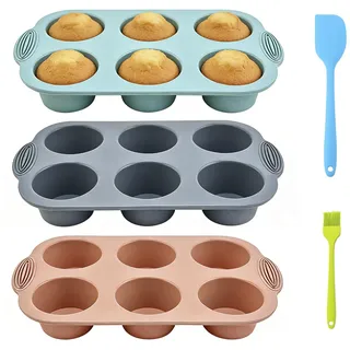 Cjytdkj 3 Stück Muffin Backform Silikon, Muffinblech 6er mit Backpinsel und Schaber, Groß Silikon Muffinform für Cupcakes Brownies Kuchen Pudding (Grau Rosa Pfauenblau)