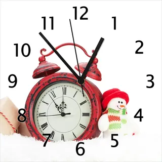 Wallario Design Wanduhr Wecker mit Schneemann und Geschenken aus Echtglas, Größe 30 x 30 cm - Weiß