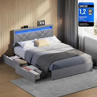 Songmics VASAGLE Bett 140 x 200 cm, Polsterbett, Doppelbettgestell, LED, Bettgestell, Metallbett, 4 Schubladen, Ladestation, verstellbares gepolstertes Kopfteil, hellgrau-Mattschwarz RMB827G01