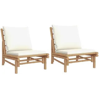 vidaXL Gartenstühle 2 Stk. Mit Cremeweissen Kissen Bambus , Naturmaterialen , Rechteckig , 86x73.5x60 cm , Gartenmöbel, Loungemöbel, Loungesessel