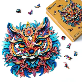 Figured'Art Holzpuzzle Erwachsene und Kinder 200 Teile Tiere - Lebendiges Katzen-Mandala - Originelles Design 28,5x28,5 cm Einzigartige Form mit Premium-Holzkiste