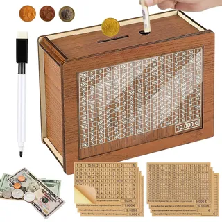 Spardose aus Holz - spardose mit zähler für 10000 Euro,Wiederverwendbare Spardose mit Sparziel und Zahlen zum ankreuzen,Retro Sparbüchse Aufbewahrungsbox (10000€+8 Aufkleber, XL)