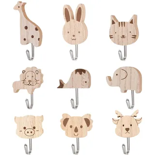 BelleFlair 9 Stück Süße Tier Kleiderhaken für Kinder Erwachsenen, Selbstklebende Wandhaken aus Holz, Dekorative Garderobenhaken mit Tiermotiven, Haken für das Kinderzimmer, Badezimmer, Küche