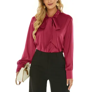 Escalier Damen-Seidenbluse, langärmelig, mit Schleife am Hals, Button-Down-Shirts, lässig, Büro, Arbeit, Bluse, Tops, Weinrot, Mittel