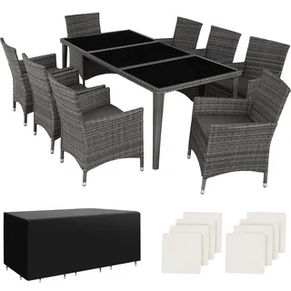 tectake Rattan Sitzgruppe Menorca,2 Bezugssets, inklusive Schutzhülle,grau , Grau , Kunststoff , Rechteckig , Gartenmöbel, Gartengarnituren, Gartenmöbel-Sets