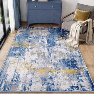 INOVADAY Abstrakt Waschbarer Teppich 90x150 cm Blau/Gold | Teppich Wohnzimmer, Teppich Waschbar, Schlafzimmer, Esszimmer, Büro, Moderne Minimalistische, Kurzflor Weich Rutschfest, OEKO