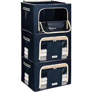 4CONVY Kleideraufbewahrung Kleiderschrank Box mit Reißverschluss Metallrahmen - große faltbare stapelbare Aufbewahrungsbox -3x66L Aufbewahrungstaschen - Kleiderbox für Bettdecke Kleidung Aufbewahrung